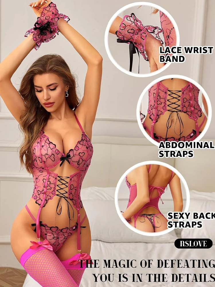 

Hot Heart Corset Lingerie Women Mesh Sheer Criss Cross Bandage Outfit Underwear Hollow Out Transparent Erotic Set with Wristband