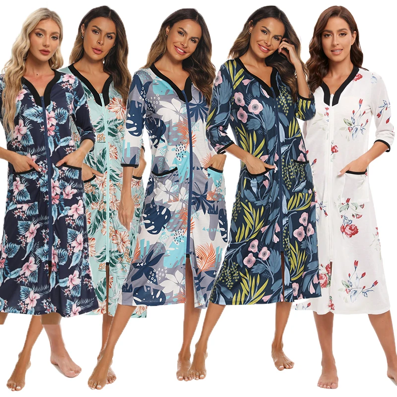 Aamikast Women's Print Zipper Robes Long Sleepwear Soft Nightgown Loungewear Maternity Wear Nursing clothes Woman Bathrobe