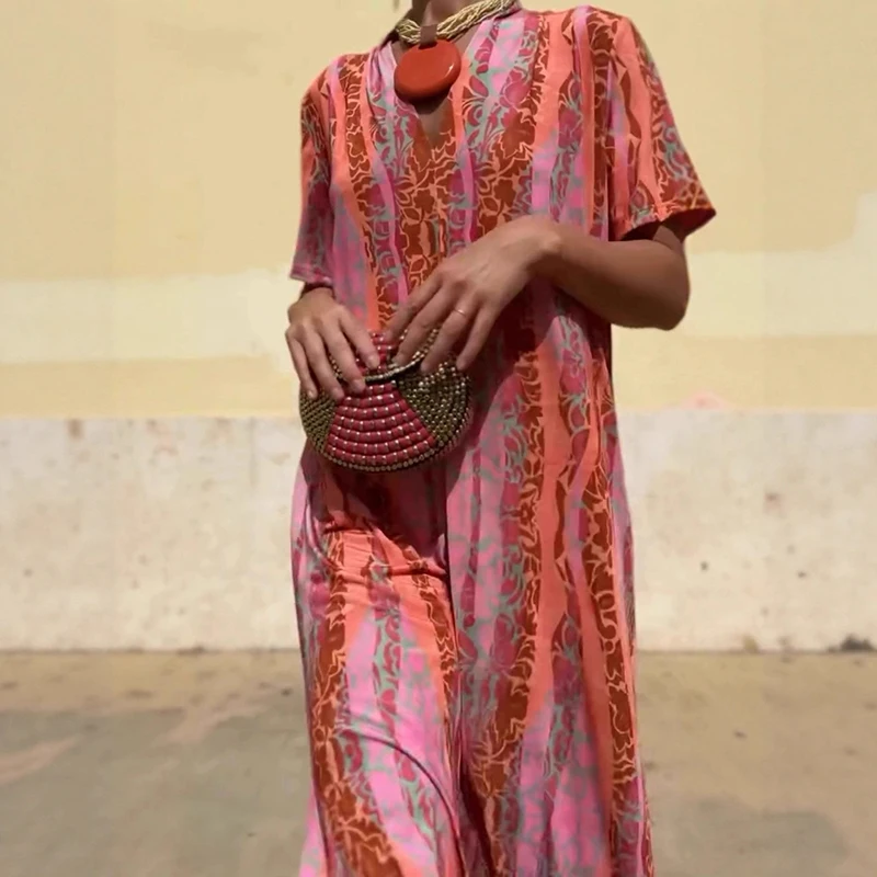 فستان بلوفرات بأكمام قصيرة مطبوع بنمط عتيق فستان صيفي جديد فضفاض برقبة على شكل حرف v فستان أنيق للسيدات غير رسمي للتنقل فستان طويل