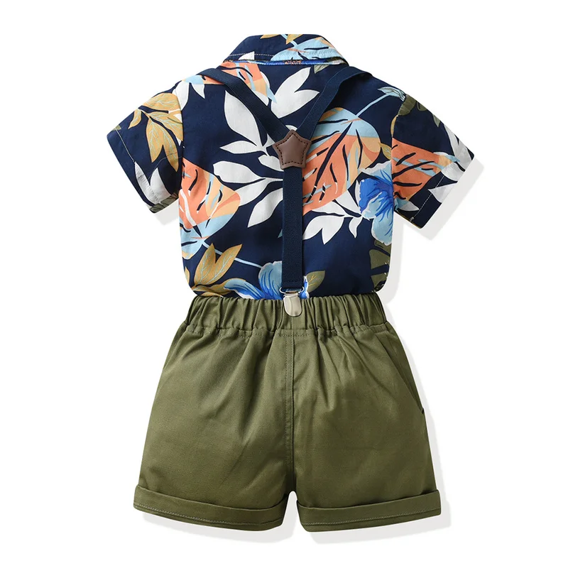 top and top Hawaiian Toddler Kids Boys Casual Clothing Sets Short Sleeve Printed Bowtie Shirts+Suspenders Shorts Gentleman Suits