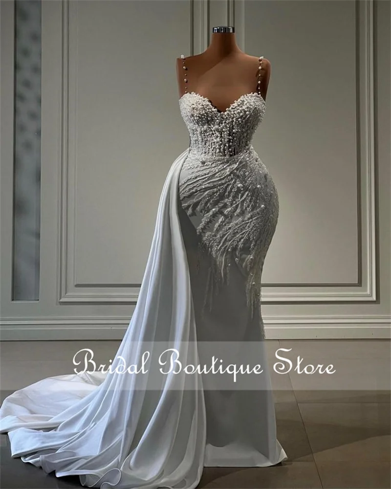 Luxury Mermaid Wedding Dresses 2024 With Side Train Straps Beading Crystal Pearls Bridal Gowns Robe De Mariee