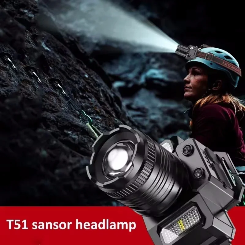 Rechargeable T51 Headlamp 2000mah Super Bright Torch Light Induction LED Headlight Waterproof Camping Mobile Power Bank Flashing