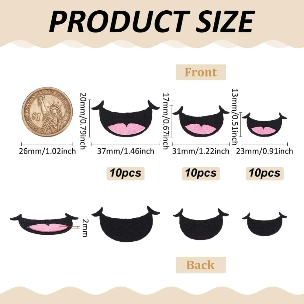 30 PCS Felt Mouth for Dolls 3 Size Pink for Crafts Puppet Teddy Bear Crochet Stuffies Plush Animals DIY Making Accessories