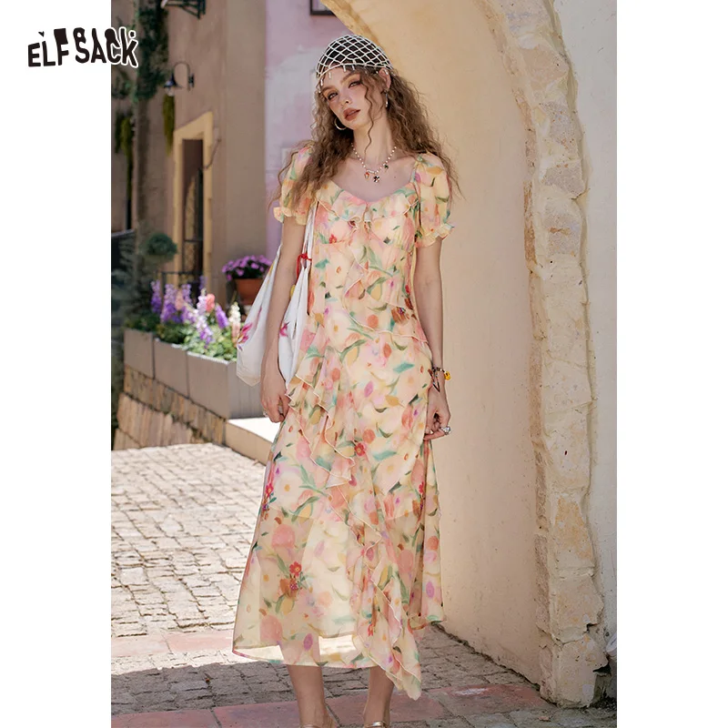 

ELFSACK 2025 Summer New Arrivals Sweet Cozy Outdoor Floral Ruffle Puff Sleeve Dress For Women