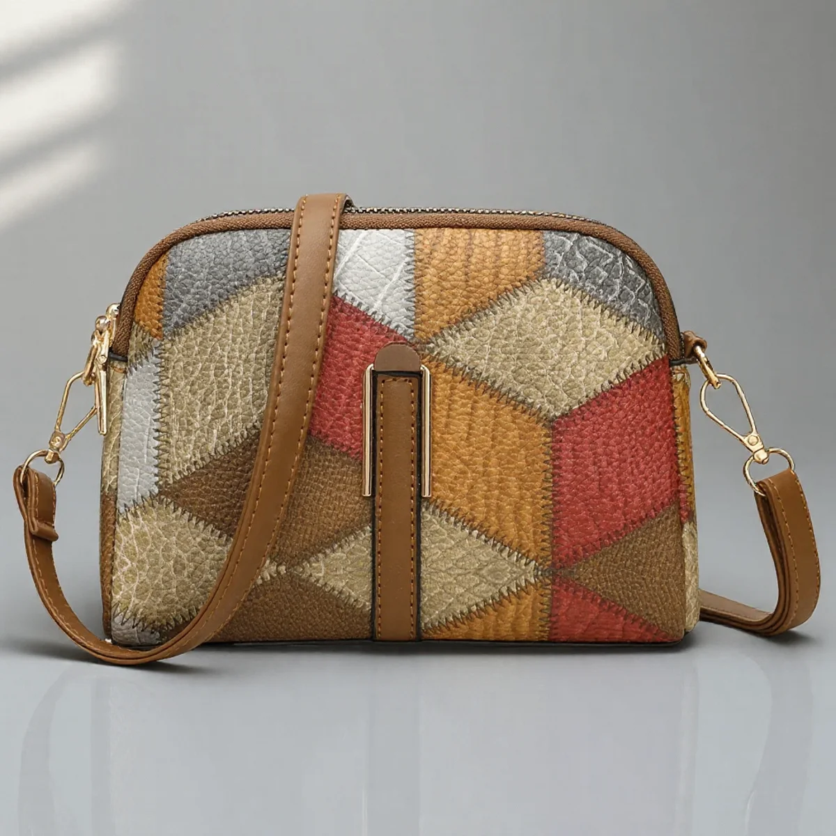 

Fashionable Color Block PU Crossbody Bag Adjustable Strap Double Zipper Inner Phone Pocket Stylish Women Handbag