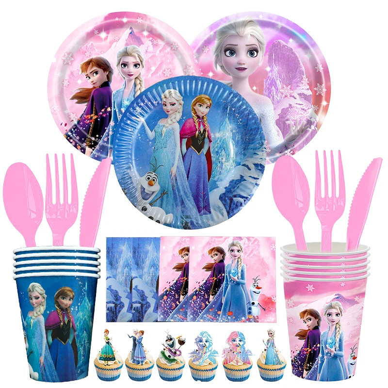 Disney Frozen Birthday Decorations Princess Anna Elsa Disposable Tableware Plates Cups Background Children\'s Party Supplies