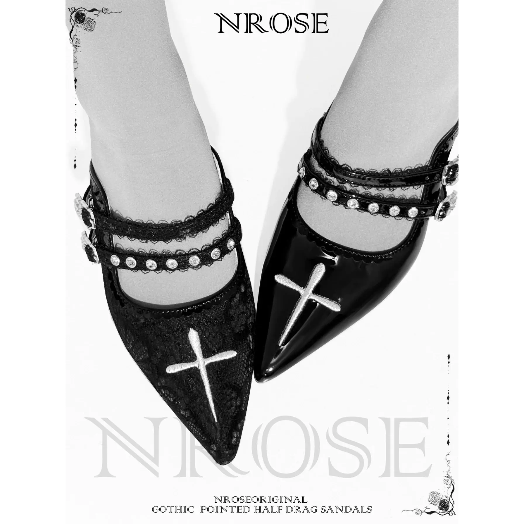 Oración Nocturne Sandalias de tacón bajo puntiagudas medio arrasadas Cruz gótica Zapatillas de mujer de moda retro oscura