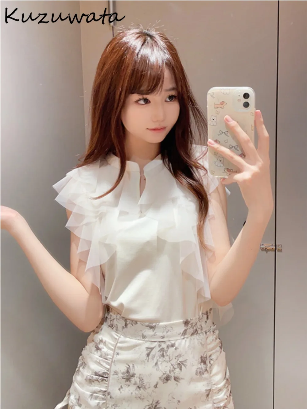 Kuzuwata Summer New Stand Collar Butterfly Sleeve Ropa Mujer All-match Sweet Elegant Ruffles Shirt Japan Fresh Voile Chiffon Top