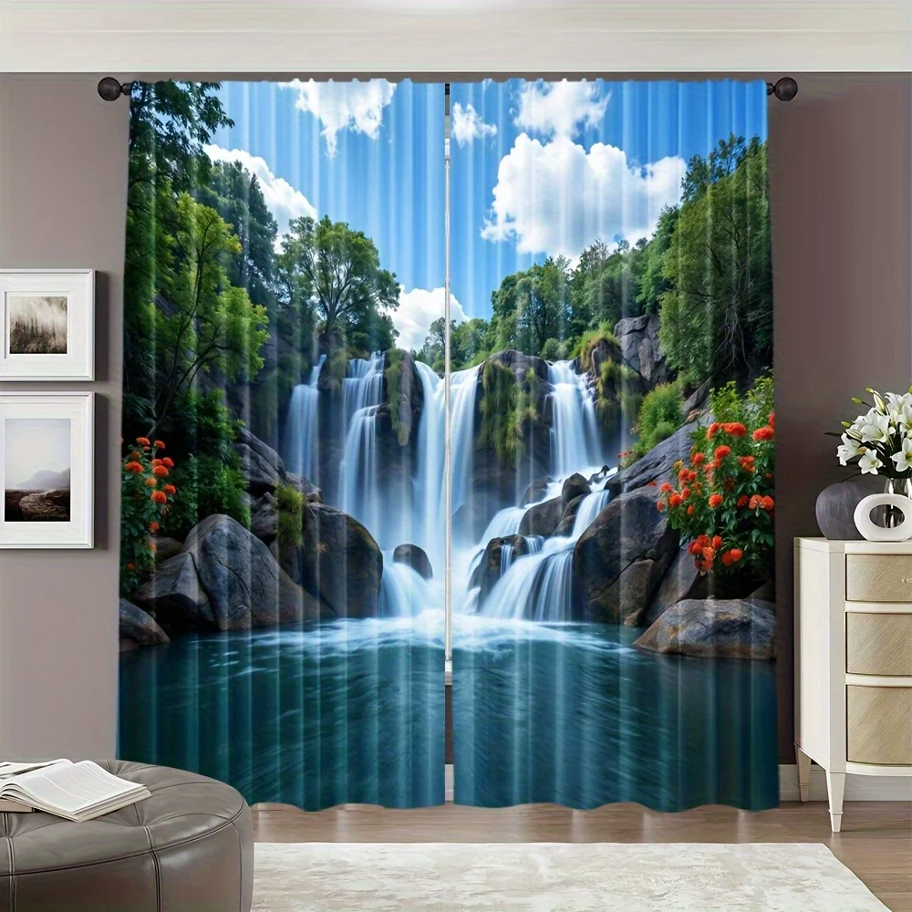 3D Mountain Waterfall Window Curtain 2 Panels,Clear Lake Green Tree White Cloud Print Bright Sky Background Scenic Decor Curtain