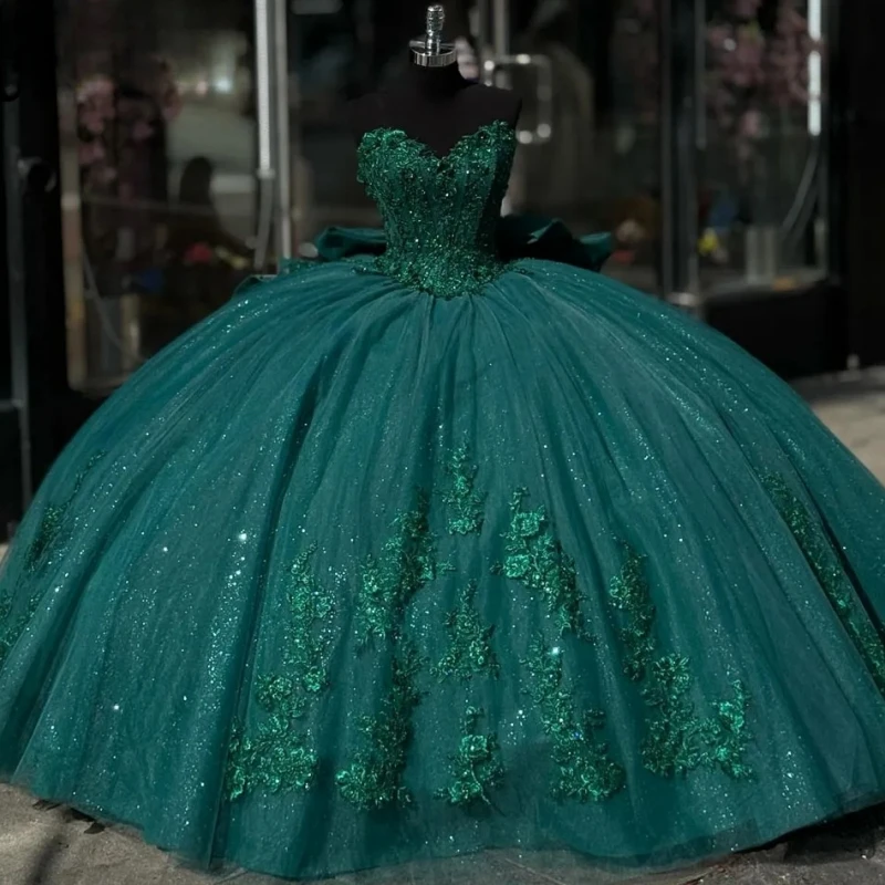 Vestido De quinceañera verde esmeralda, Apliques De encaje, corsé, fiesta De cumpleaños, graduación, 15, 16