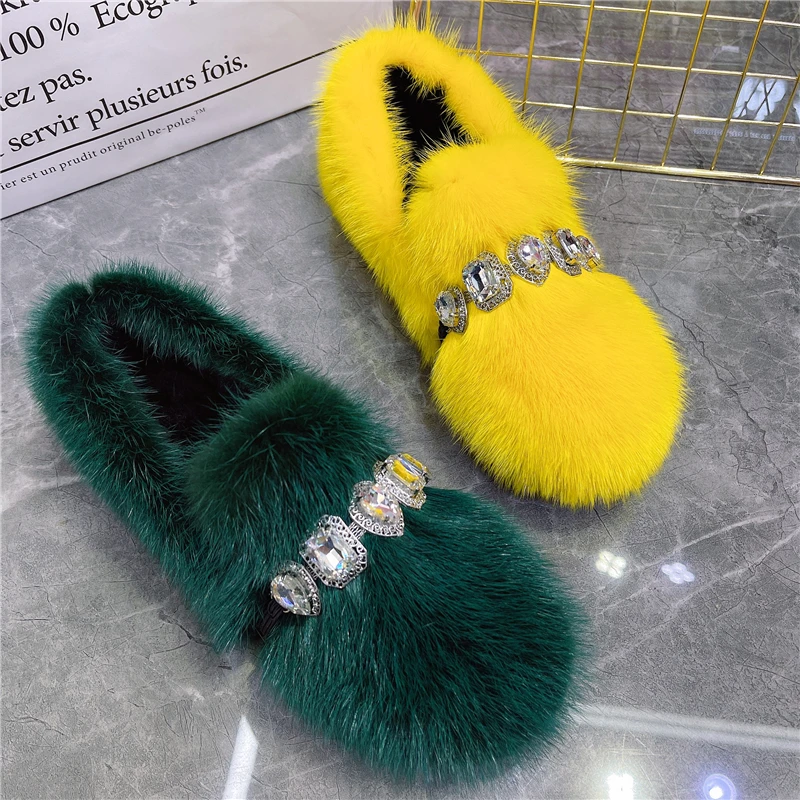 Yellow Women Flats Comfortable Moccasins Ladies Winter Warm Fur Loafers Crystal Decor Mink Fur Espadrilles Smoking Driving Shoes