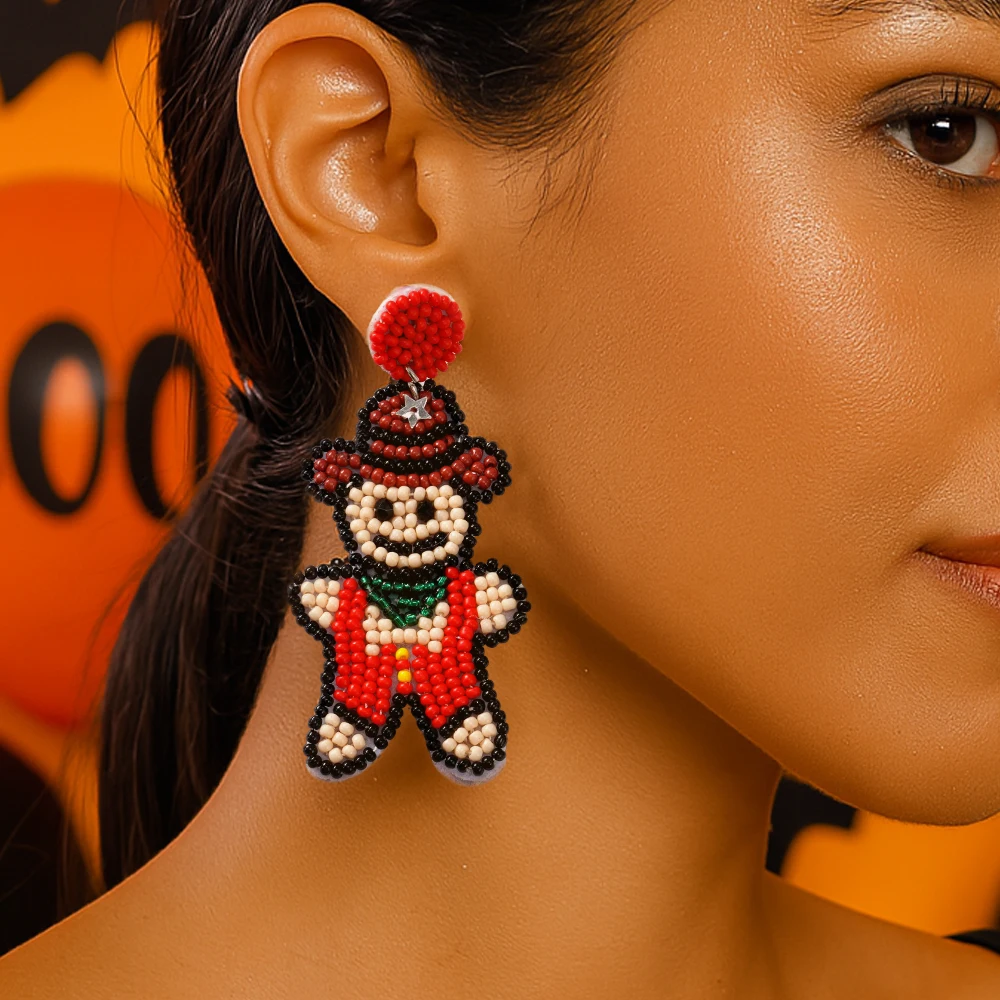 

1 Pair Christmas Gingerbread Man Beaded Earrings for Women Handmade Seed Bead Dangle Jewelry Holiday Costume Party Gift
