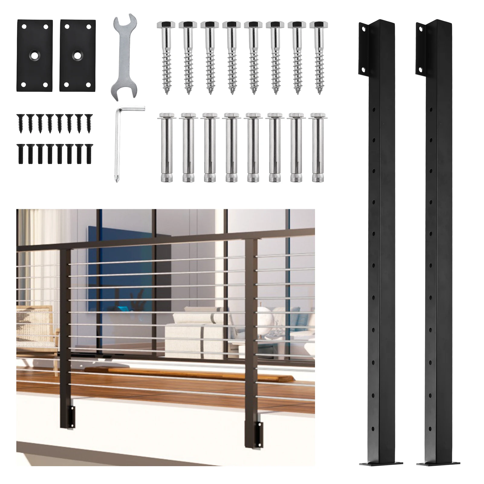 

44" Black Cable Railing Posts 2 Pack, Pre-Drilled Metal Posts for Stairway Applications，No Cable and Handrails