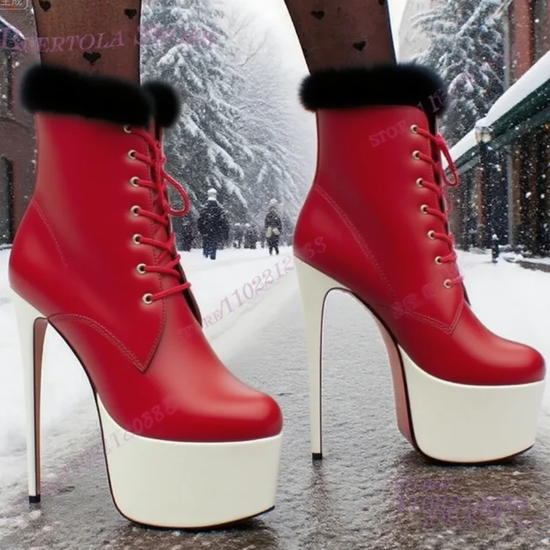 

White Ankle Fluffy Red Short Boots Women Platform Lace-Up Leather Stiletto Plush Heels Round Toe Cute Girls Casual Shoes Riband