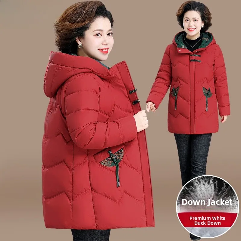 

Красное зимнее модное пуховое пальто для женщин среднего и старшего возраста, новинка 2024 года, осенне-зимнее пальто для пожилых женщин, утепленное.