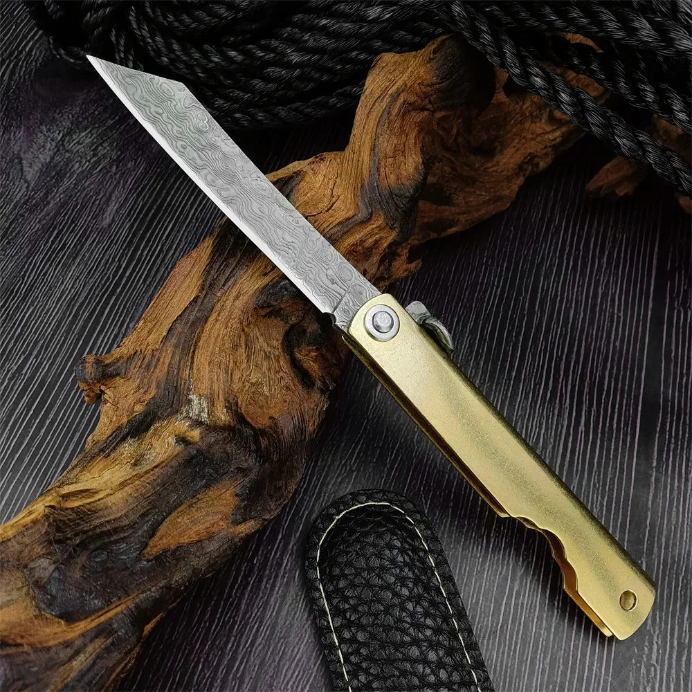 Higonokami Damascus Blade Mini Folding Knife Brass Handle Fruit Knife Outdoor Tactical Hunting EDC Practical Folding Knife