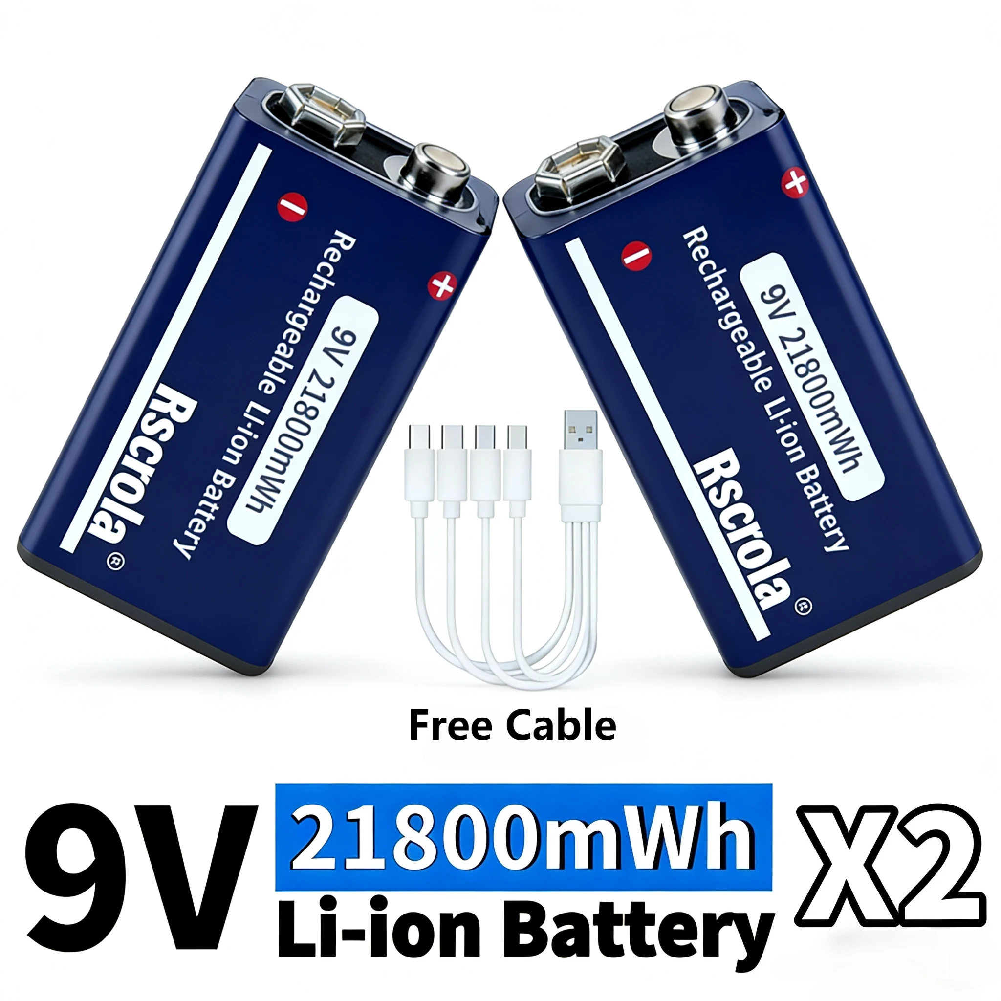 

9V Rechargeable Lithium Battery 21800mWh Long-Lasting for Smoke Alarm Guitar Mic with Cable