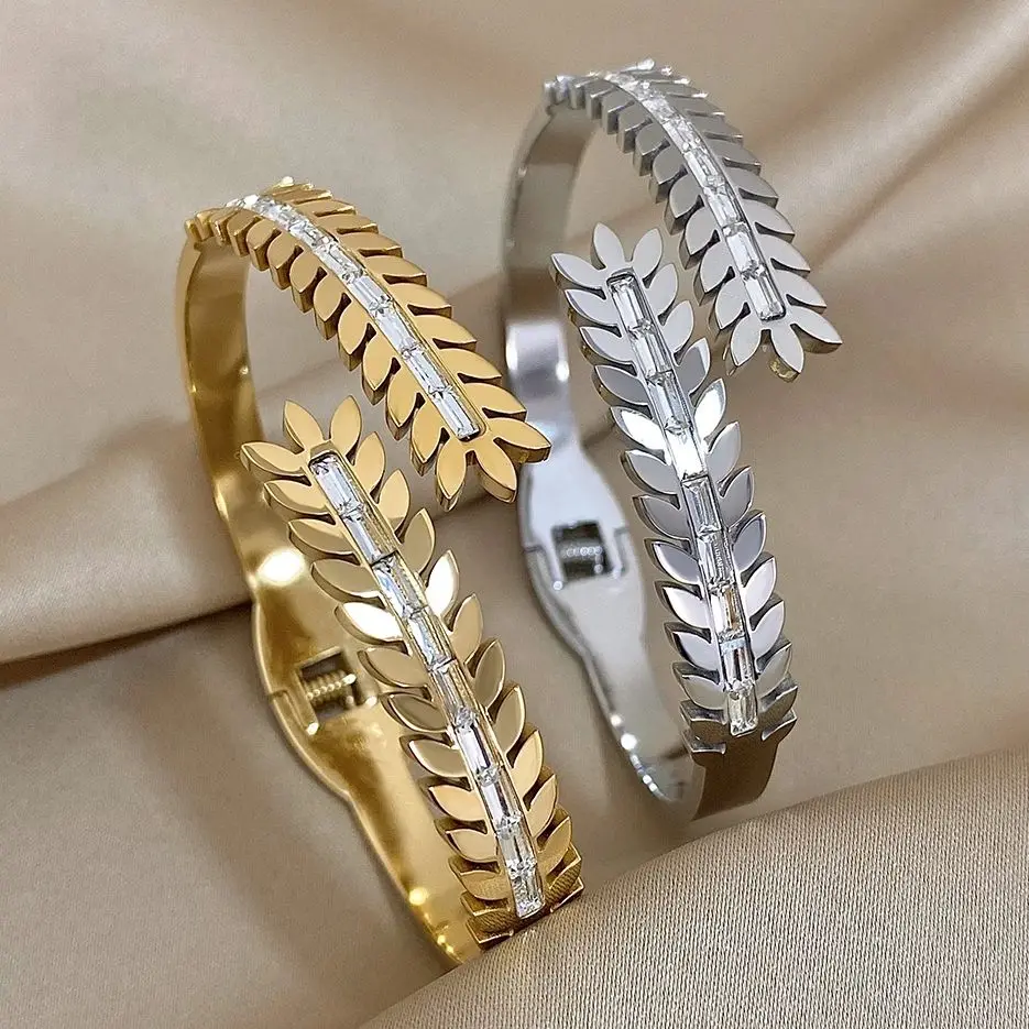 

Freetry Fashion Chic Leaf Inlaid Zircon Open Bangles for Women Stainless Steel Bracelets Waterproof Statement Stylish Jewelry