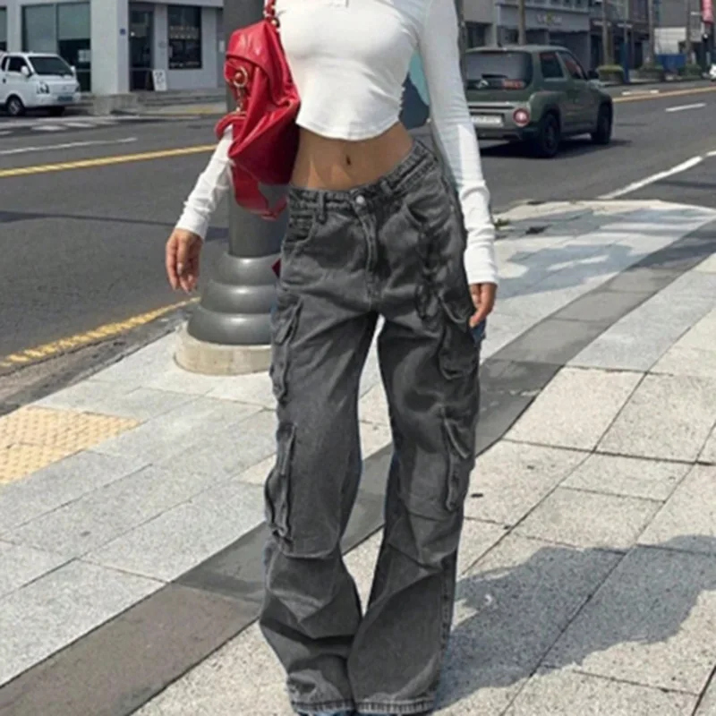 Jeans da donna in stile retrò europeo e americano, pantaloni a gamba dritta dimagranti a vita alta dalla vestibilità ampia, pantaloni da lavoro, pantaloni con tasche, s