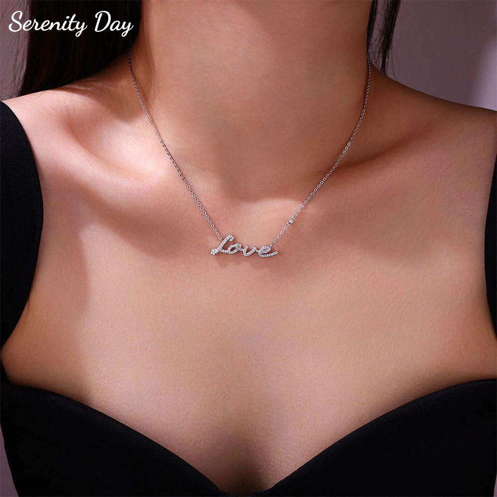 Serenity All Moissanite Necklace Women Gift Sparkling D Color Words "Love" Pendant Necklace S925 Sterling Silver Chain Jewelry