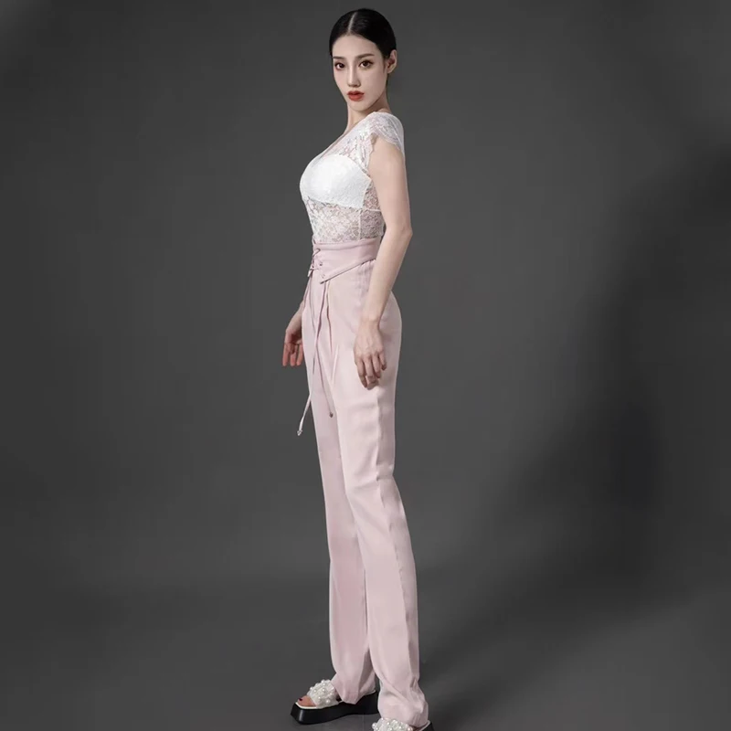 2023 New Modern Dance Performance Costumes For Women White Sling Tops Pink Pants Suit Chacha Samba Latin Dance Clothes DQS13282