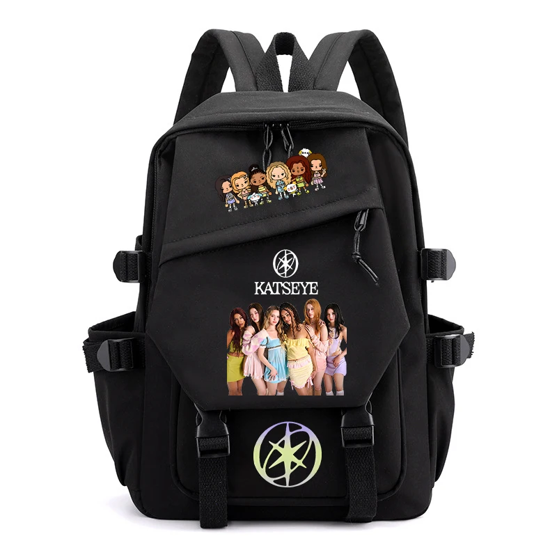 Y2K Women Backpacks Katseye Kpop Printed Multi-Pocket Nylon School Backpack for Student Girls Kawaii Laptop Book Pack Mochila