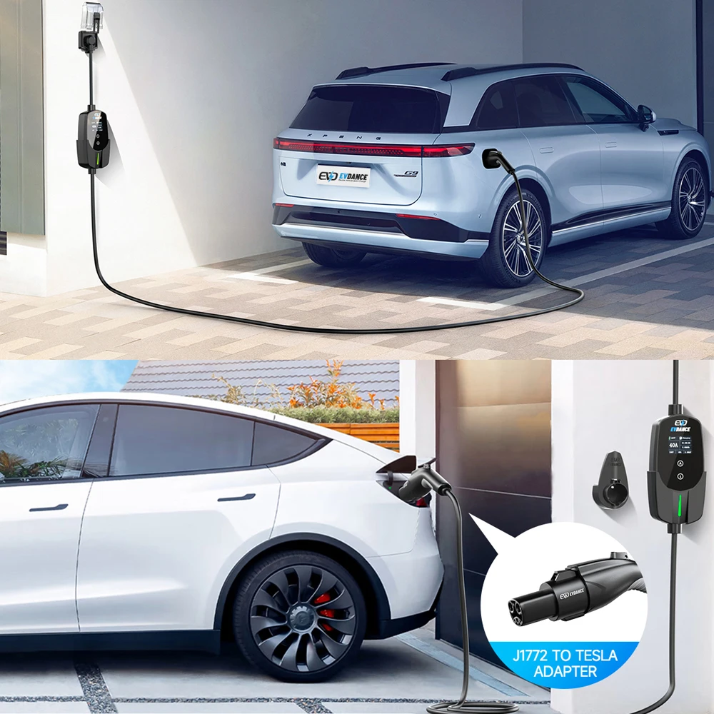 EVDANCE J1772 Electric Car Chargers 40A US Plug 9.6Kw Charging Cable Car Fast Charging Devices OLED Display Adjustable Current