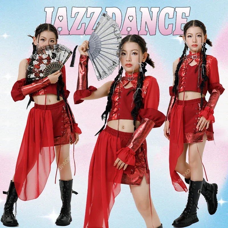 

Teen Kids Fashion Streetwear Stage Outfit Girls Kpop Hip Hop Clothes Jazz Dance Costume Red Crop Tops Cargo Pants 4-14Y