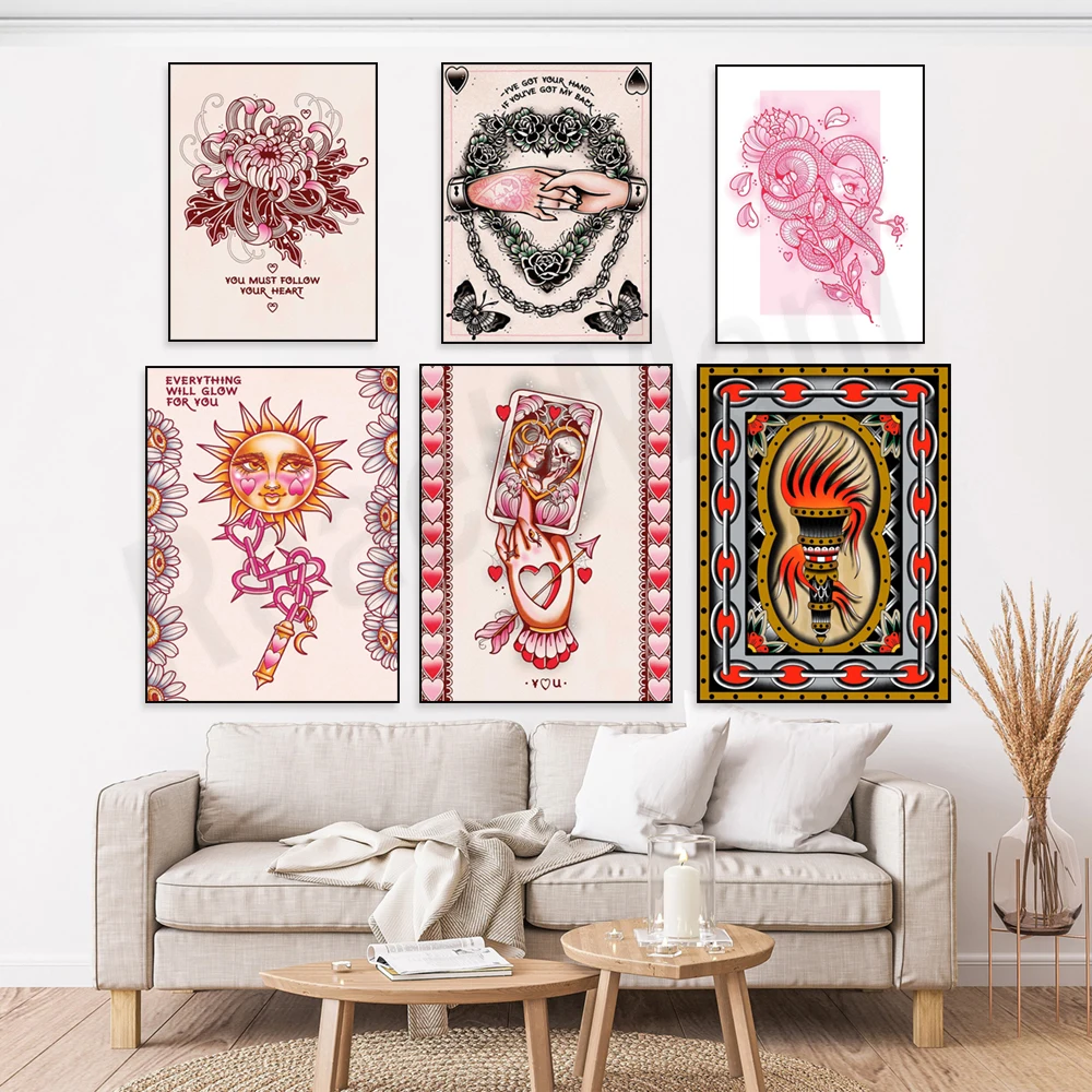 Traditional Japanese tattoos, snake heart, moon tarot cards, torch tattoos, black and gray sleeve tattoos, tiger tattoo posters