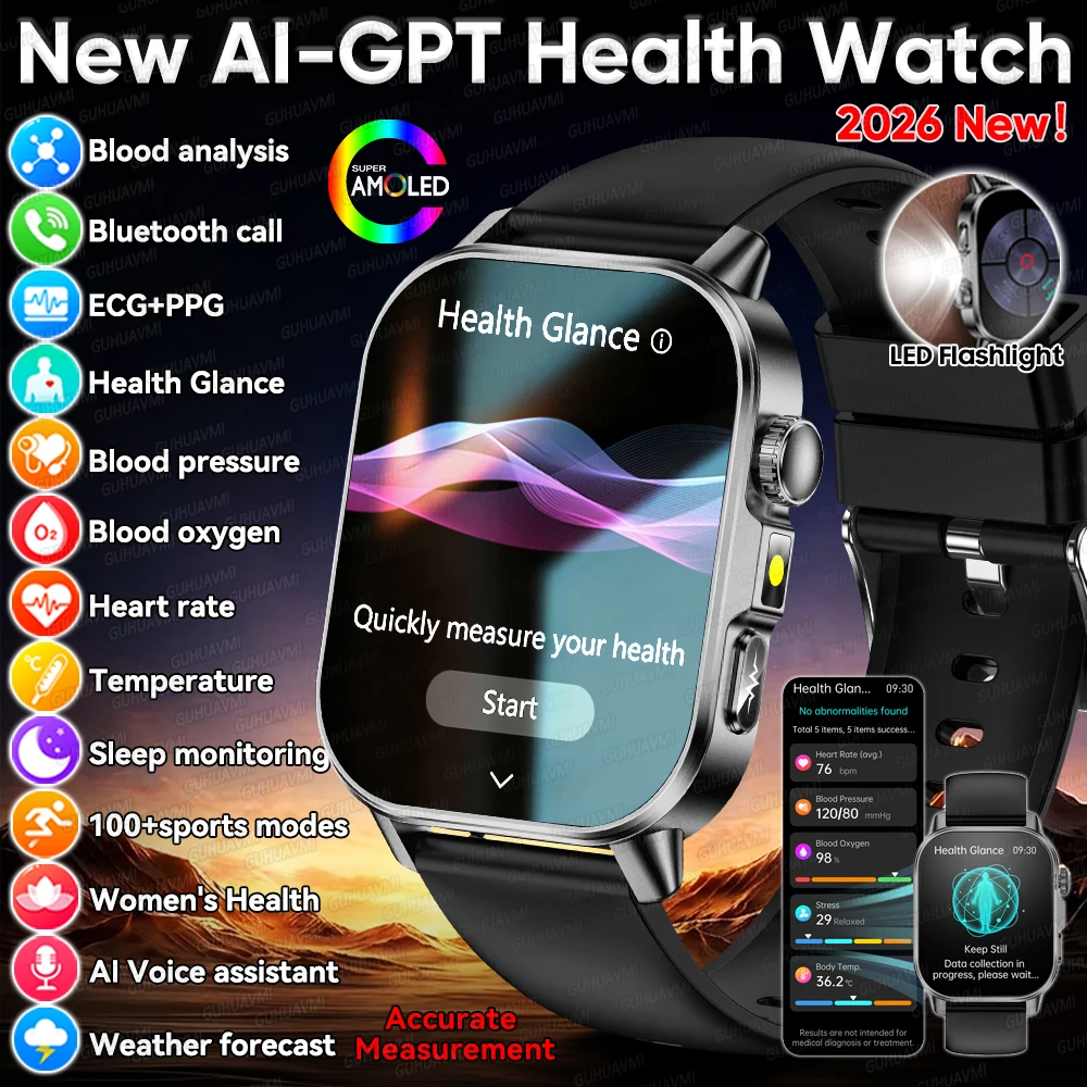 2026 New Health Care Smart Watch Men Women ECG+HRV Uric Acid Blood Lipid Analysis Bluetooth Call 2.01-inch Flashlight Smartwatch