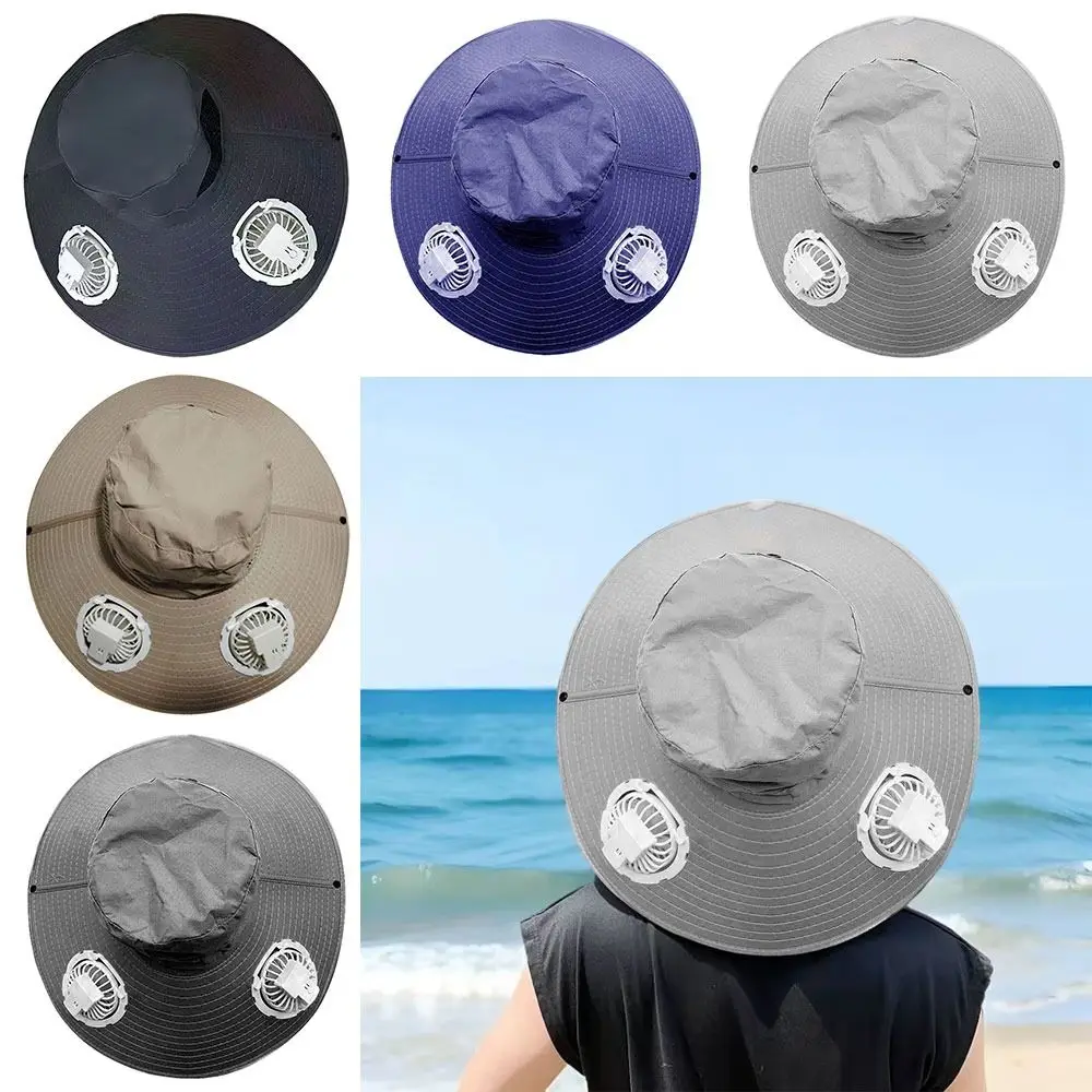 

Casual Wide Brim Fan Fisherman Hat Breathable Anti UV Sun Hat with 2 Fan Quick-dry Bucket Hat for Men