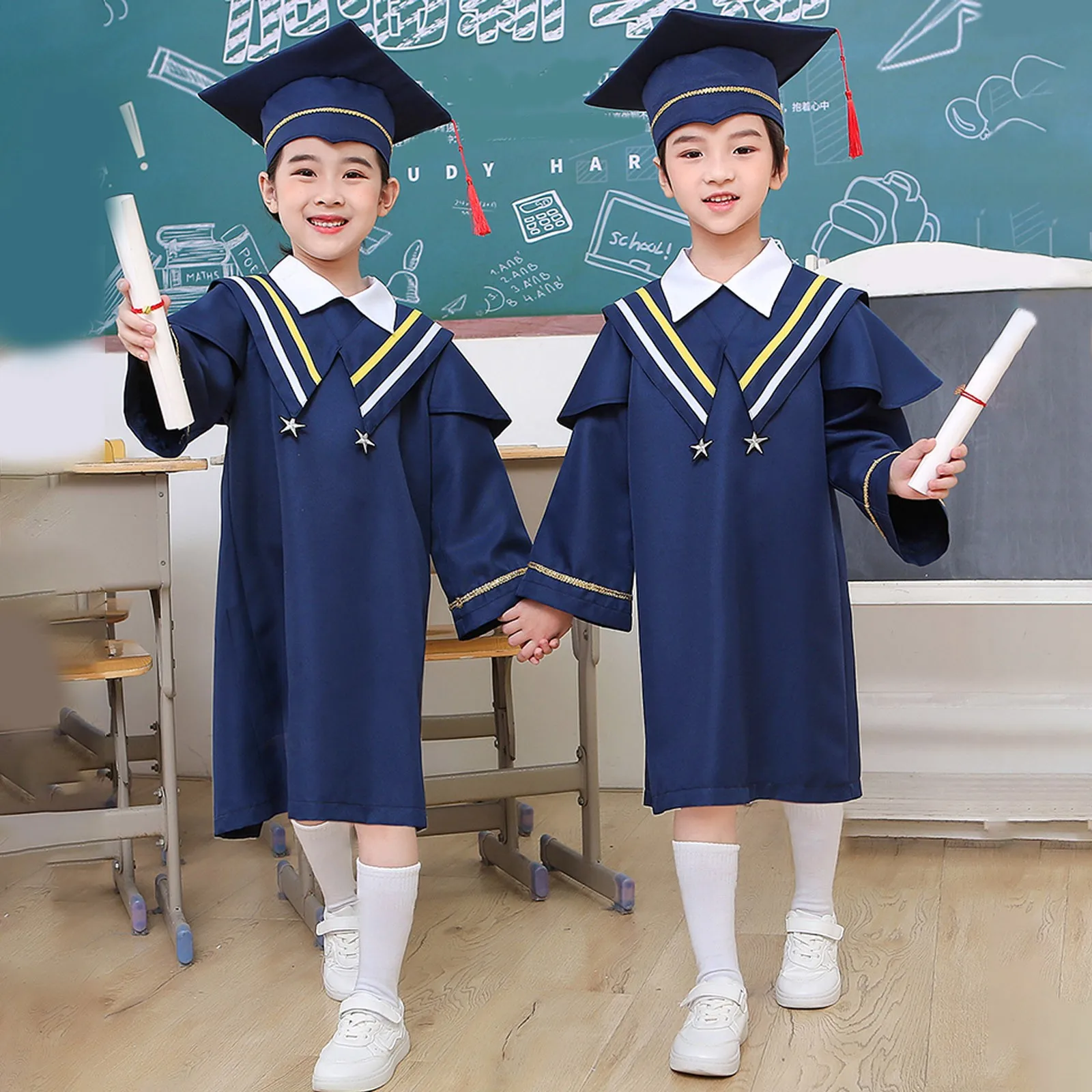 Bata de graduación con borlas para niños, gorros, uniformes escolares, gorro de graduación, capa de despedida de soltera, 2024