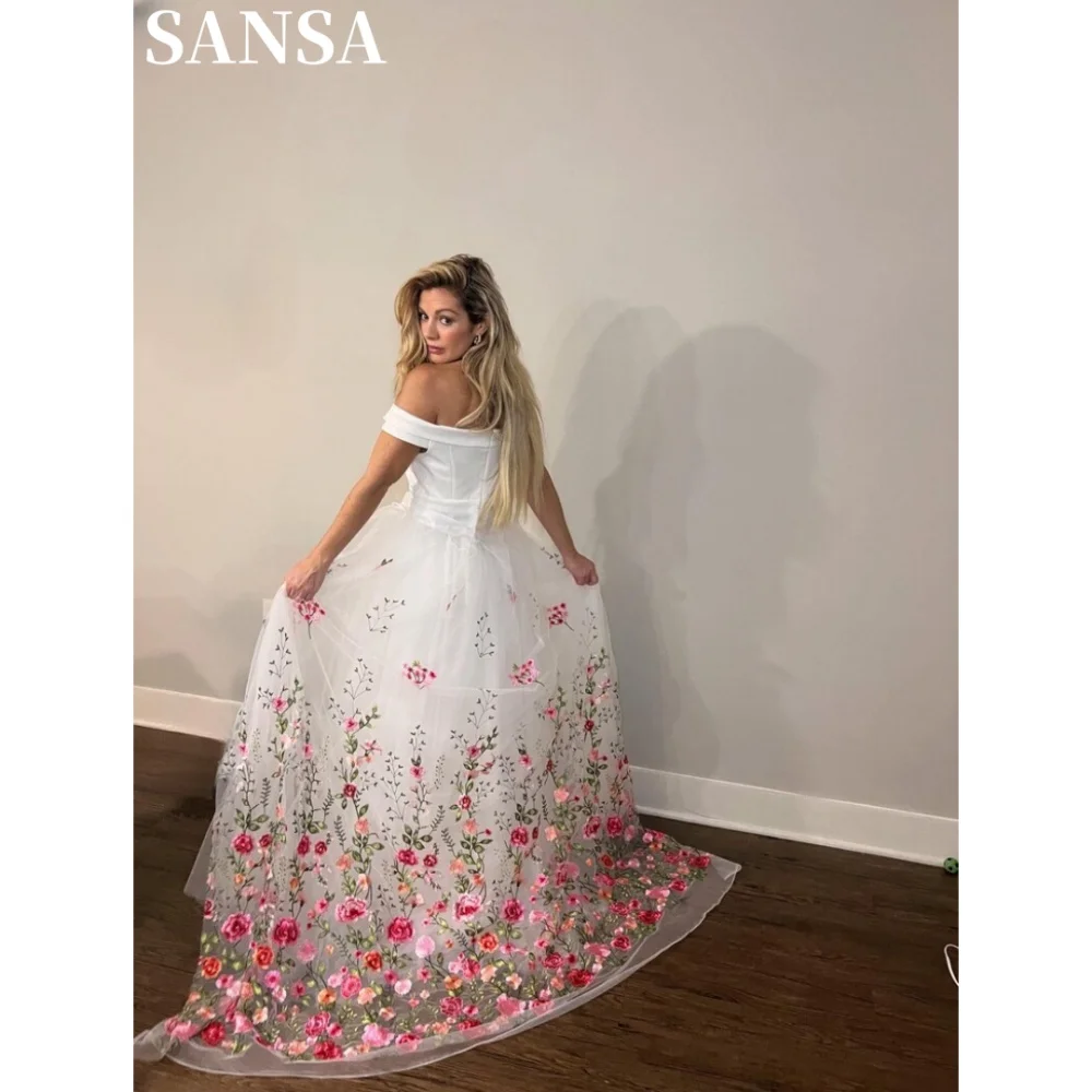 Sansa Formal A-Line Floral Lace Prom Dress Customized Floor-Length Off Shoulder Wedding Dress Removable Tail Vestidos De Fiesta