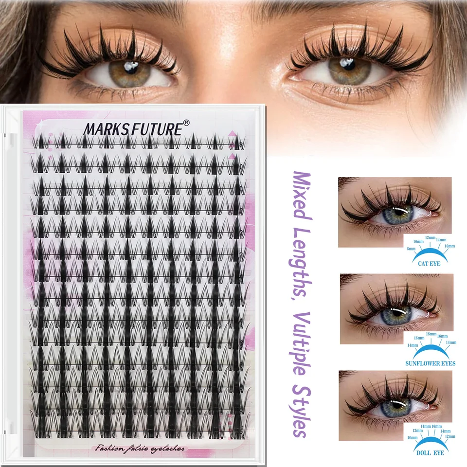140 Racimos de Pestañas Naturales Finas Curl C, Ojo de Gato Natural Estilo Manga, Largos Mixtos 8-18mm, Densas y Reutilizables, Perfectas para Principiantes, para Uso en Casa, Adecuadas para Fiestas, Pestañas Manga, Look de Ojos Grandes 5