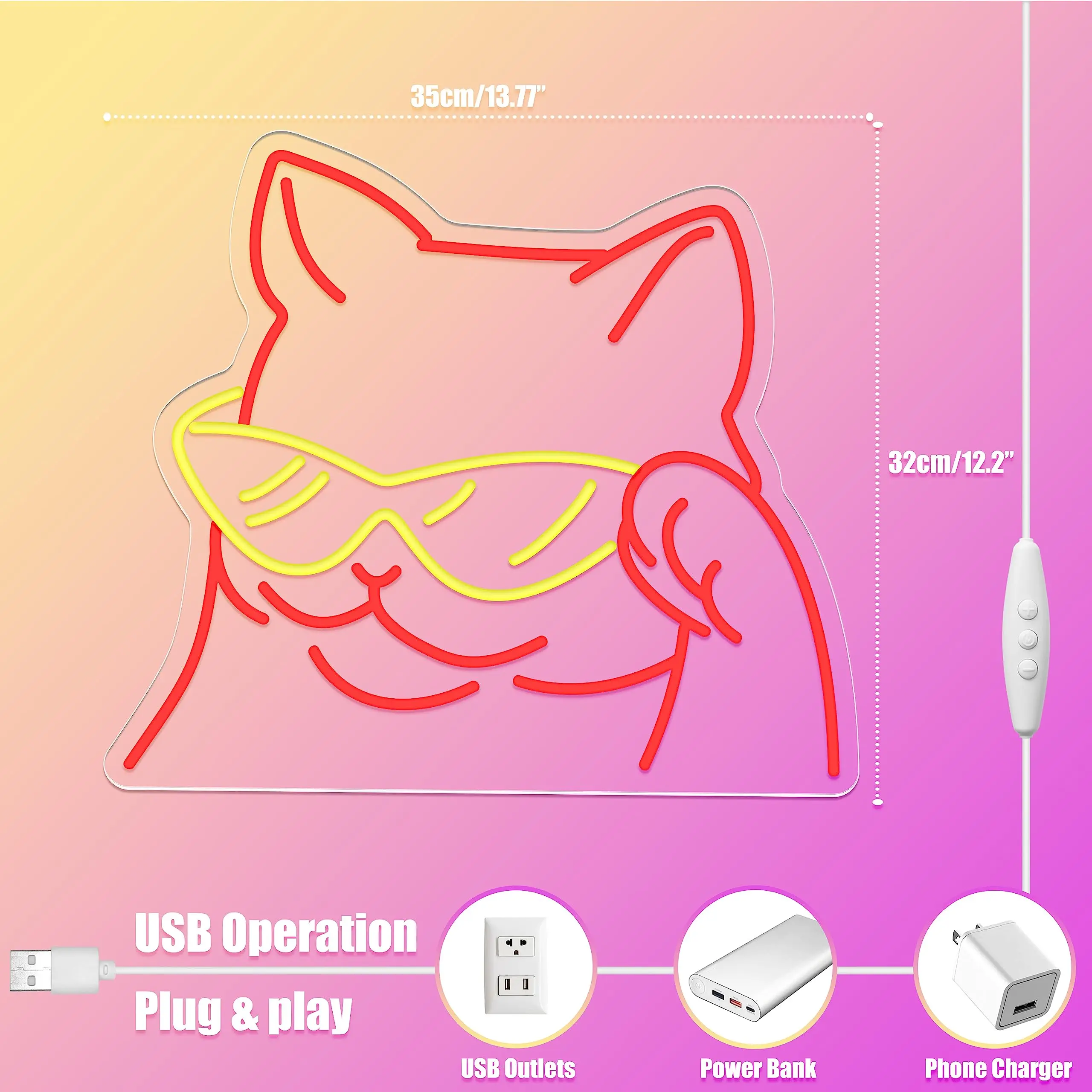 Imagem -03 - Cool Cat Neon Sinal para Wall Decor Óculos Sorridente Luz Led Usb Alimentado com Interruptor Regulável Decoração do Quarto