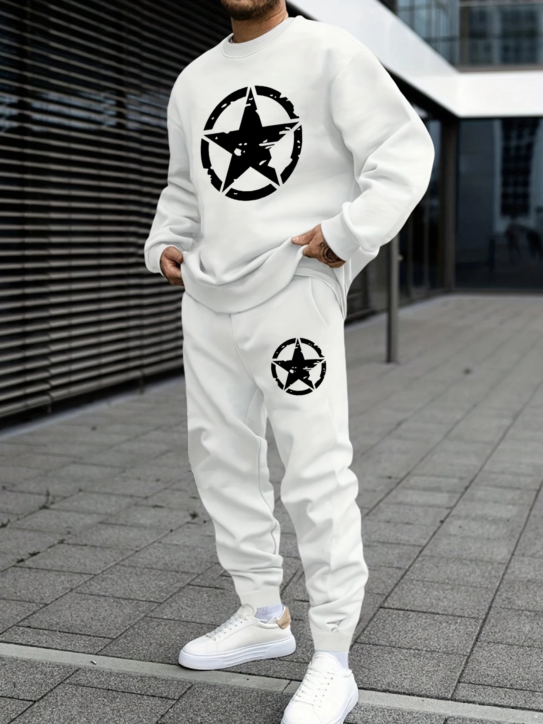 

Circle And Pentagram Creative Print Basics Sweatshirt Set Man O-Neck Casual Pullover Fleece Loose Sweatpants Autumn Trendy Pants