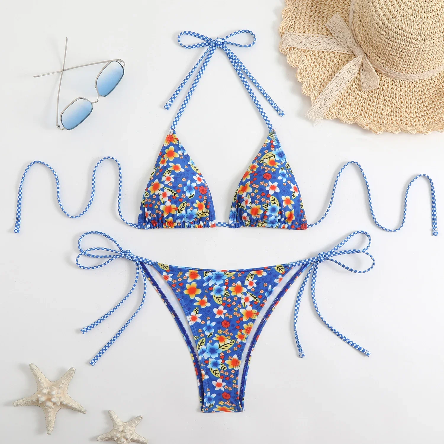 

Swimsuit 2025 Female Micro Bikini Women Swimwear Summer Beachwear Women's Bathing Suit Floral Print Neck Halter Thong Bikini Set