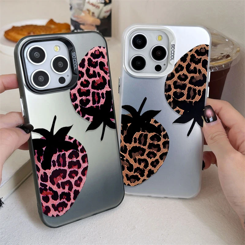 Leopard Print Strawberry Matte Case for Samsung Galaxy A55 A35 A25 A15 A05 A05S 5G A13 A23 A12 A22 A32 A52 A52S A72 A51 A71 4G