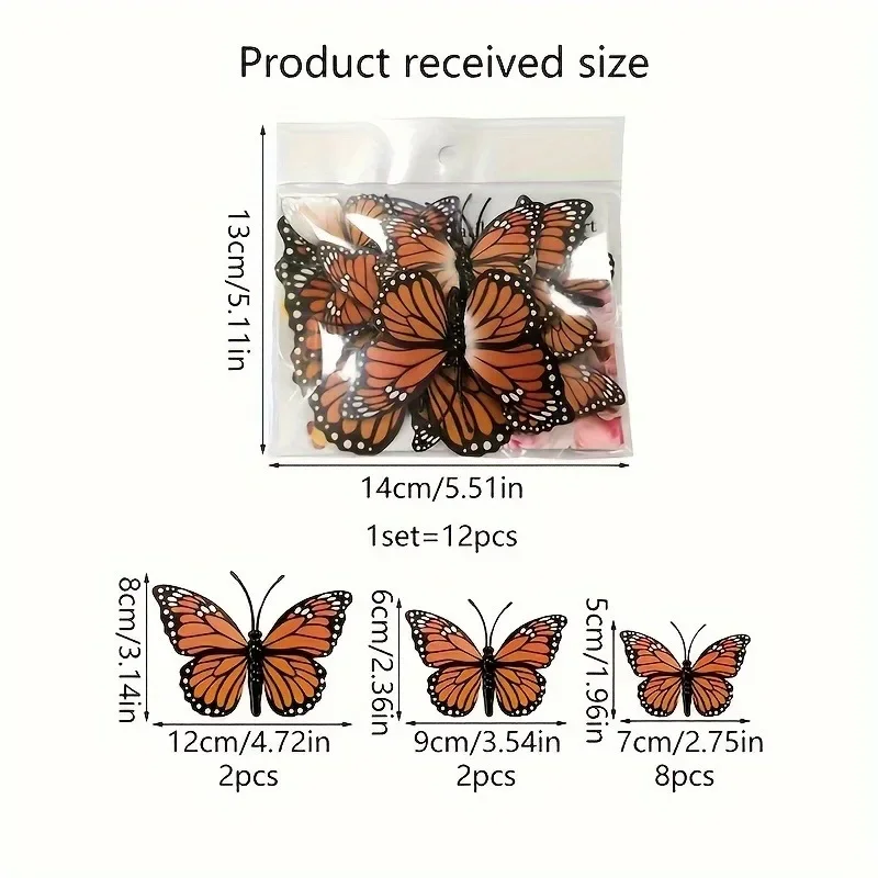 12 Stück 3D Monarch-Schmetterling-Wandaufkleber - PVC-Kunststoff-Schmetterlinge für Heim- und Partydekoration, Ideal für Hochzeiten, Geburtstage – Detail 3