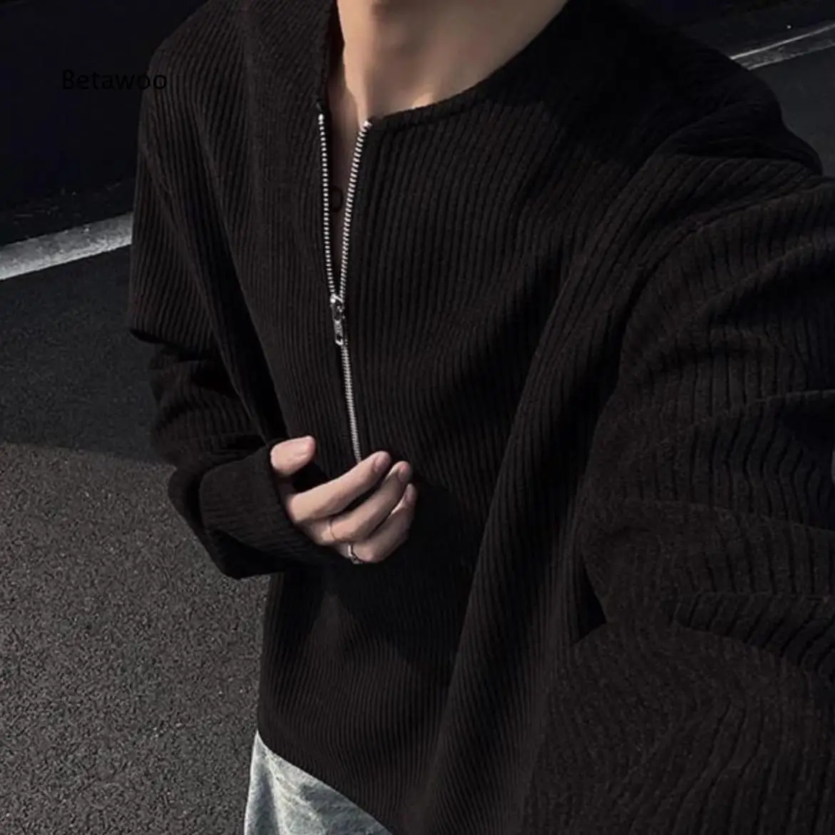 Men Relaxed Fit Long Sleeve Top Solid Color Vertical Ribbed Fabric Half Zip Shirt For Casual Daily And Street Style Look