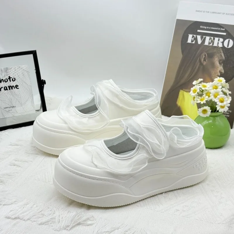 Women Sweet Sheer Mesh Ruffle Mary Jane Platform Mules Frill Strap Backless Chunky Thick Sole Height Increasing
