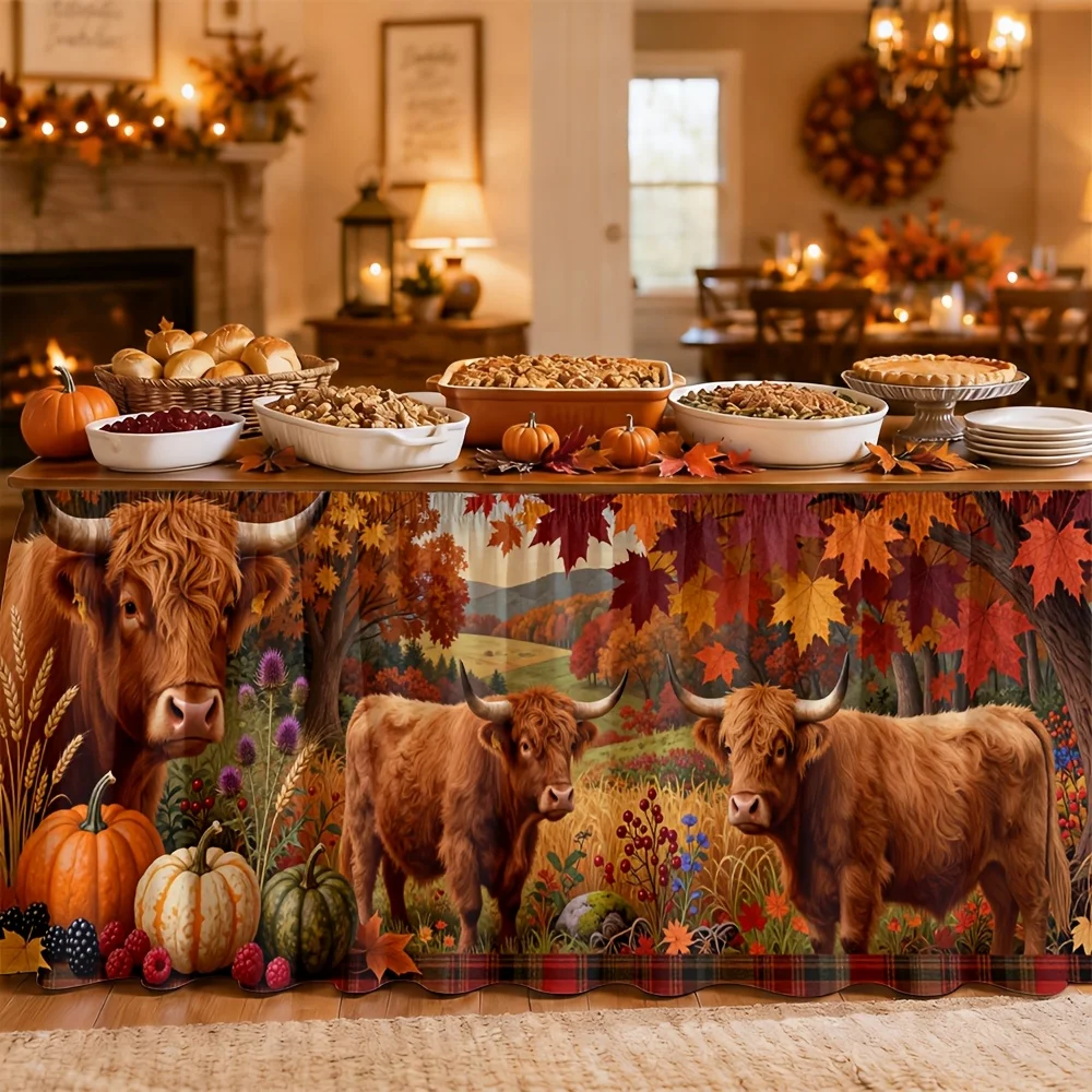 1 piece of tablecloth. Autumn Harvest Heights Cow Tablecloth. Printed polyester. Country style. Comfortable. Seasonal.