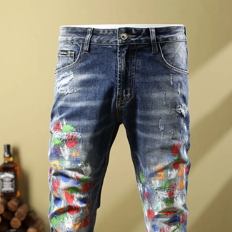 High quality embroidered speckled jeans men's new  2022 vintage slim European and American style men clothing Ripped jeans