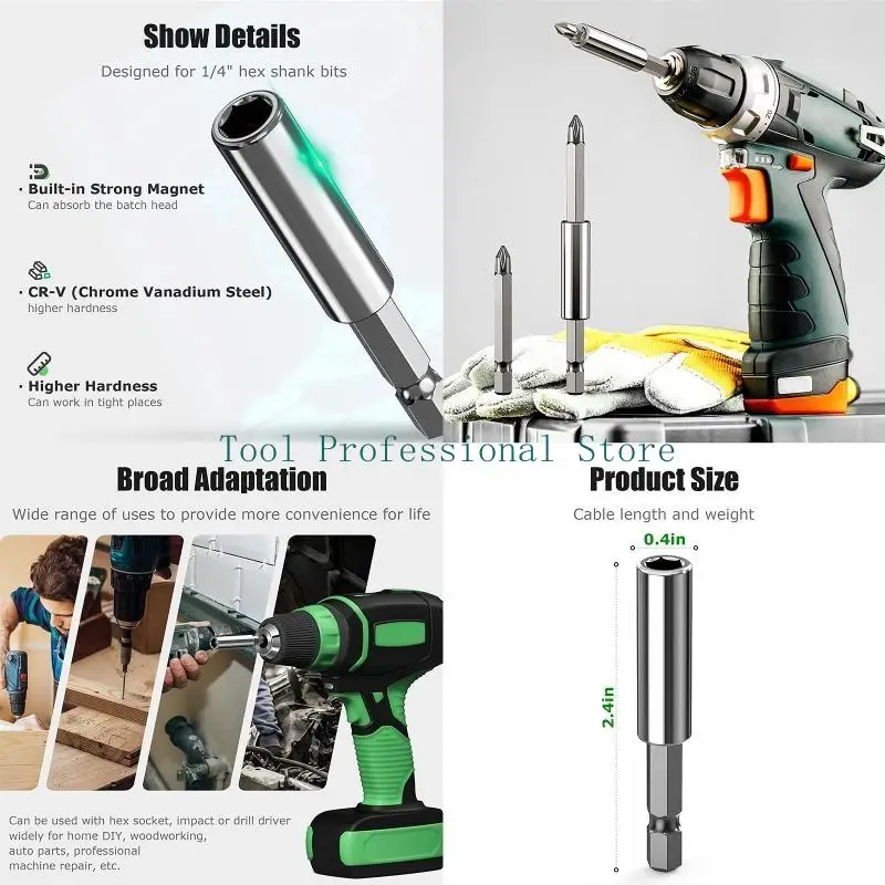 57QF 1/10x Strong Magnetic Bit Holder Durable 1/4 inch Hex Shank Bit Holder Extension Set for Power Drills and Impact Drivers