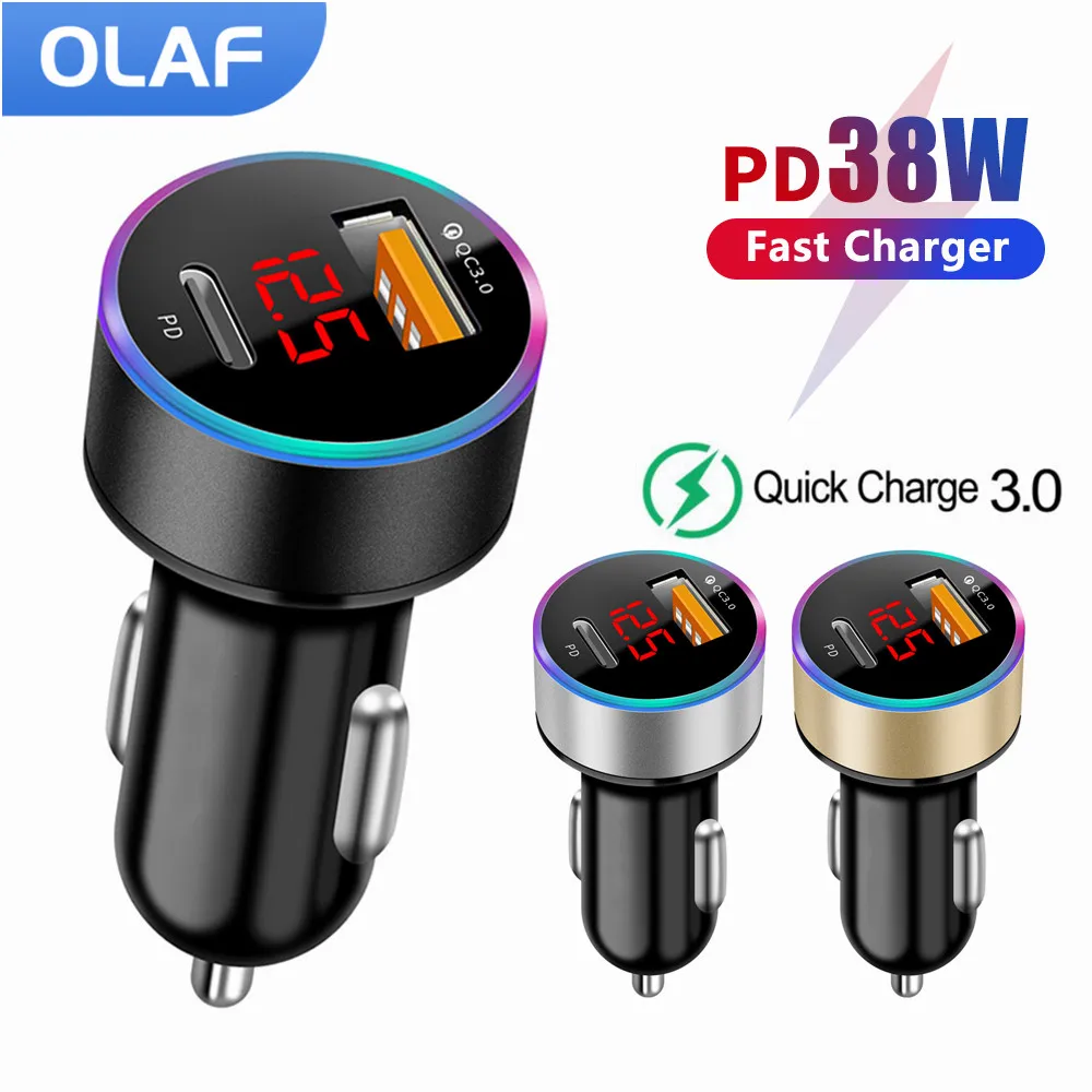Olaf PD USB รถเครื่องชาร์จ LED ประเภท C 38W Mini ชาร์จได้อย่างรวดเร็วสำหรับ iPhone Xiaomi Huawei QC 3.0โทรศัพท์มือถืออะแดปเตอร์