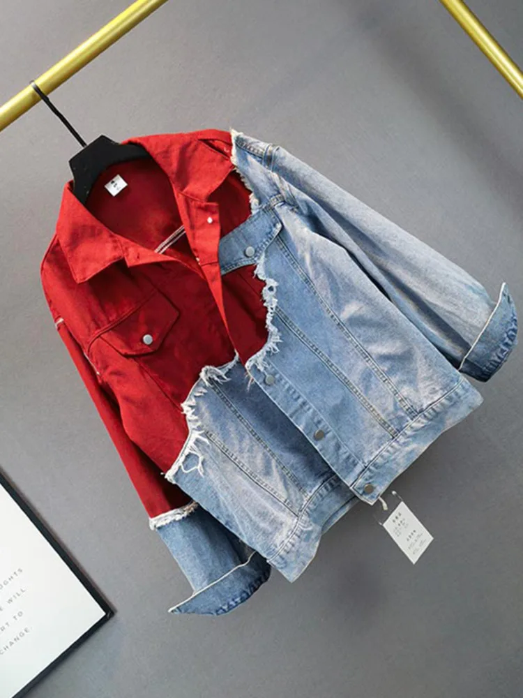 Autumn Denim Jacket Women Streetwear Fashion Irregular Patchwork Jeans Jacket Female Casual Loose Jeans Coat Streetwear