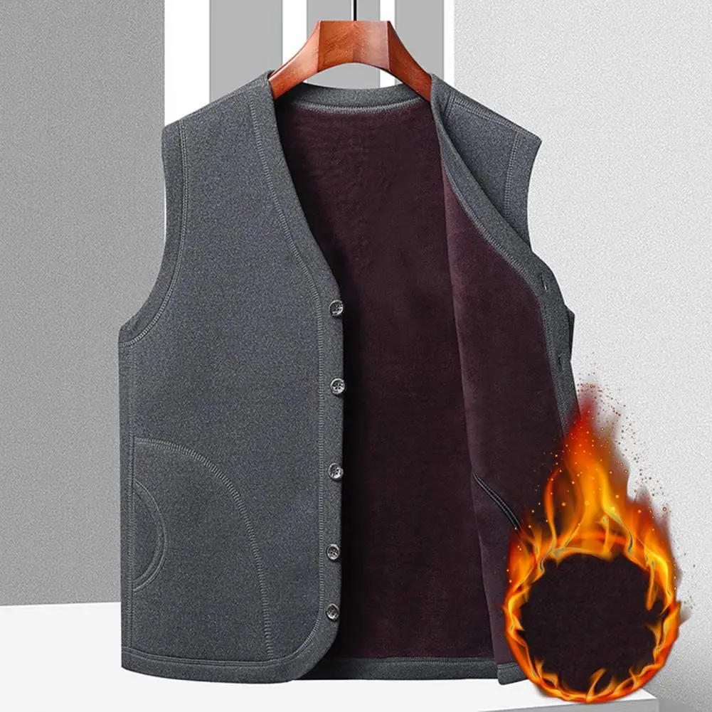 

Fade-resistant Fleece Vest Men's Fall Winter Single-breasted V Neck Plush Sleeveless Cardigan with Pockets for Men for Men