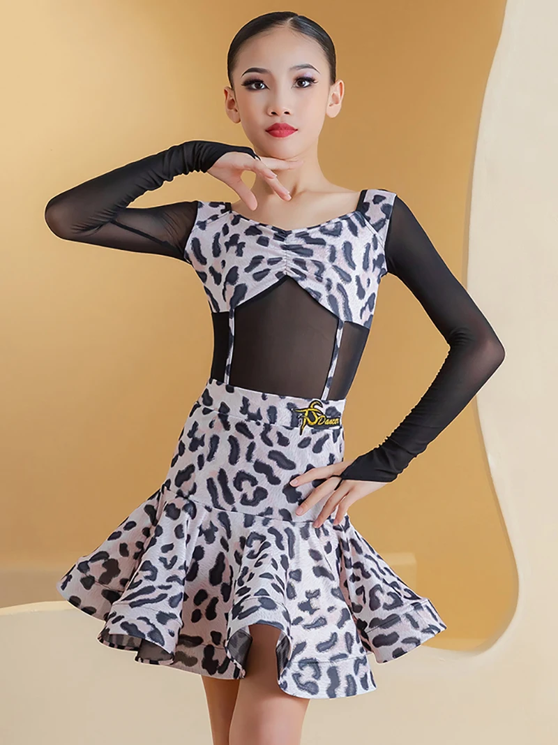 Kinder Mädchen Langarm Leopard Mesh Latin Dance Performance Walzer Wettbewerb Dancewear Kinder Body und Big Swing Röcke