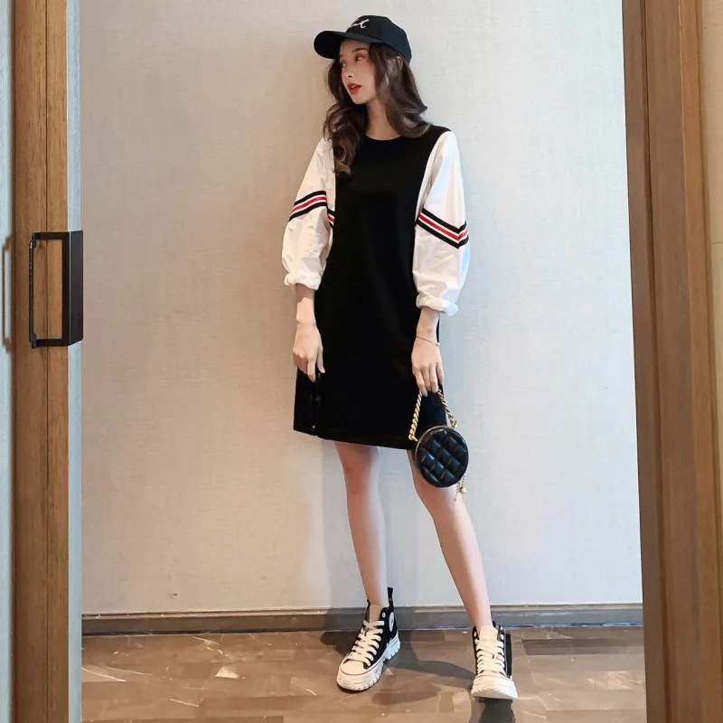 

Summer Stripe Color Blo Loose Fit Women's Dr round Ne ort Sve A-Line Skirt Korean Sle Commute Faion Dr