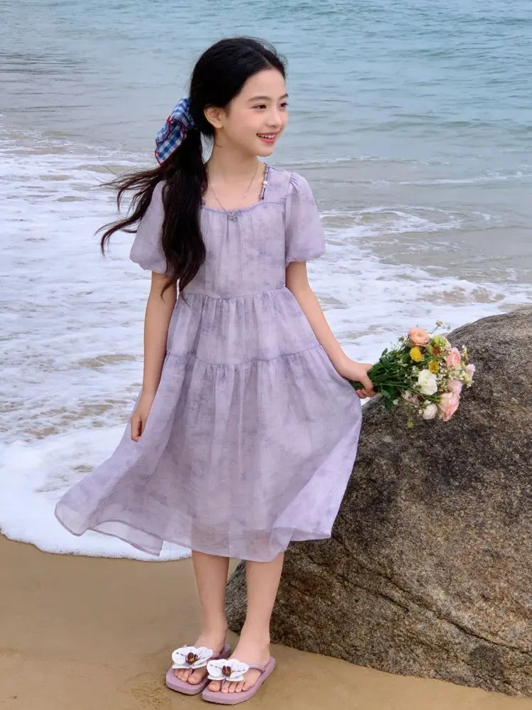 Girl's purple printed casual versatile and beautiful neck rope dress